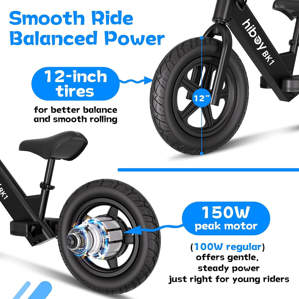 Kids Electric Balance Bike with 12" Tires, Up to 9 MPH, Adjustable Seat, Up to 4.9 Mile Range, Ride-On Bike for Ages 3–5