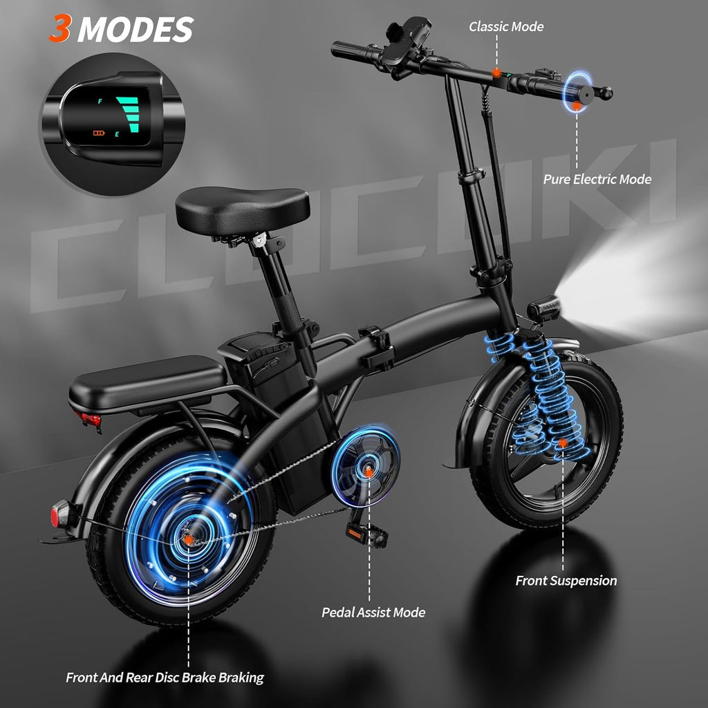 14" Folding Electric Bike for Adults & Teens, Peak 500W Motor, Up to 25 MPH, Long-Range Mini Commuter E-Bike