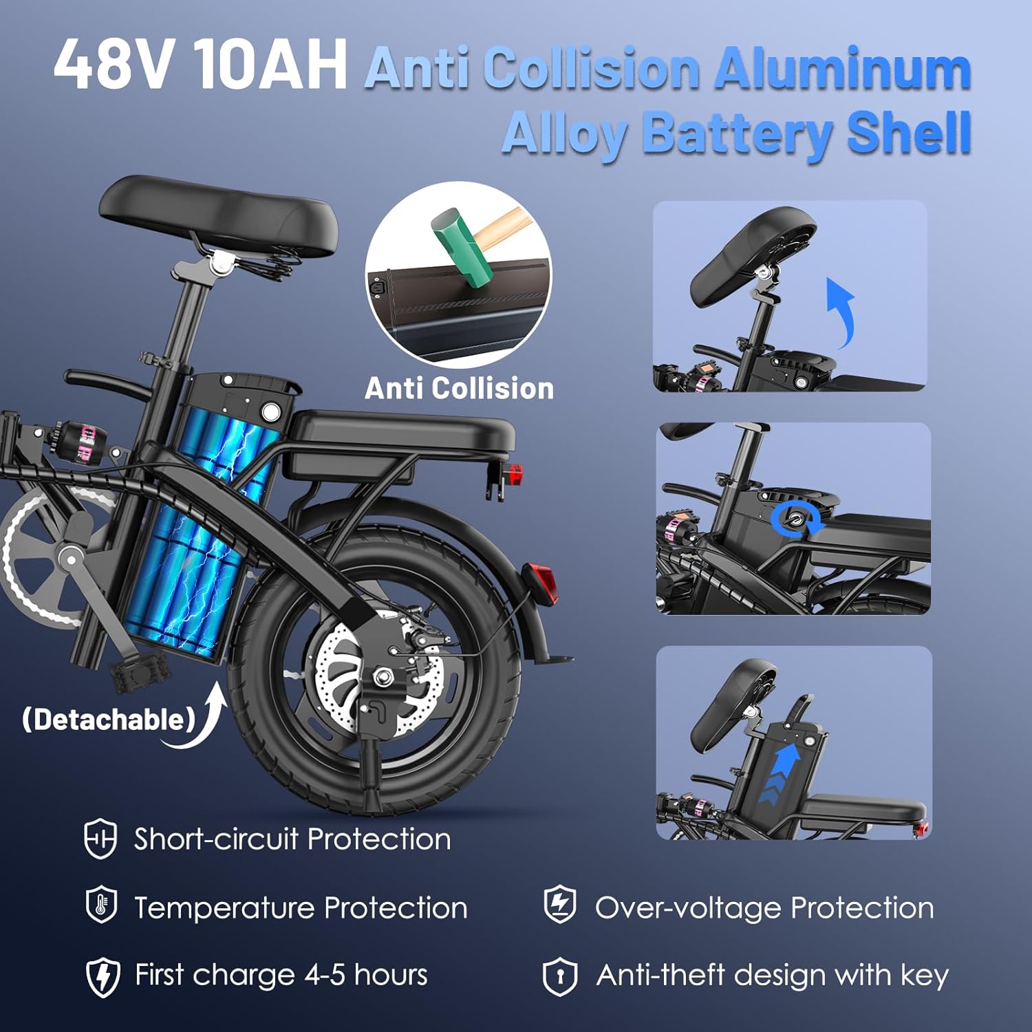 14" Foldable Electric Bike for Adults & Teens, 740W Peak Motor, Up to 30–60 Mile Pedal-Assist Range, Compact Folding E-Bike for Daily Commuting