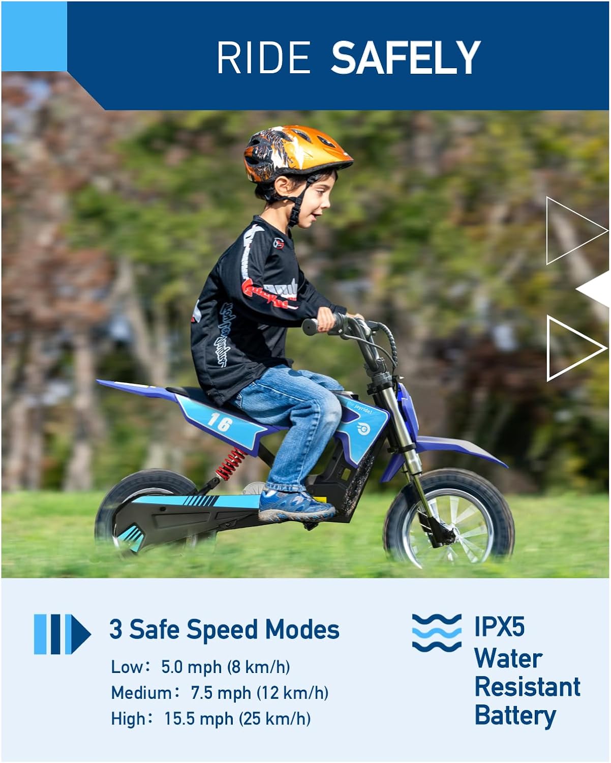 Kids Electric Dirt Bike, 300W Motor, Up to 15.5 MPH, Up to 13.7 Mile Range, 3-Speed Ride-On Motorcycle for Ages 3–10