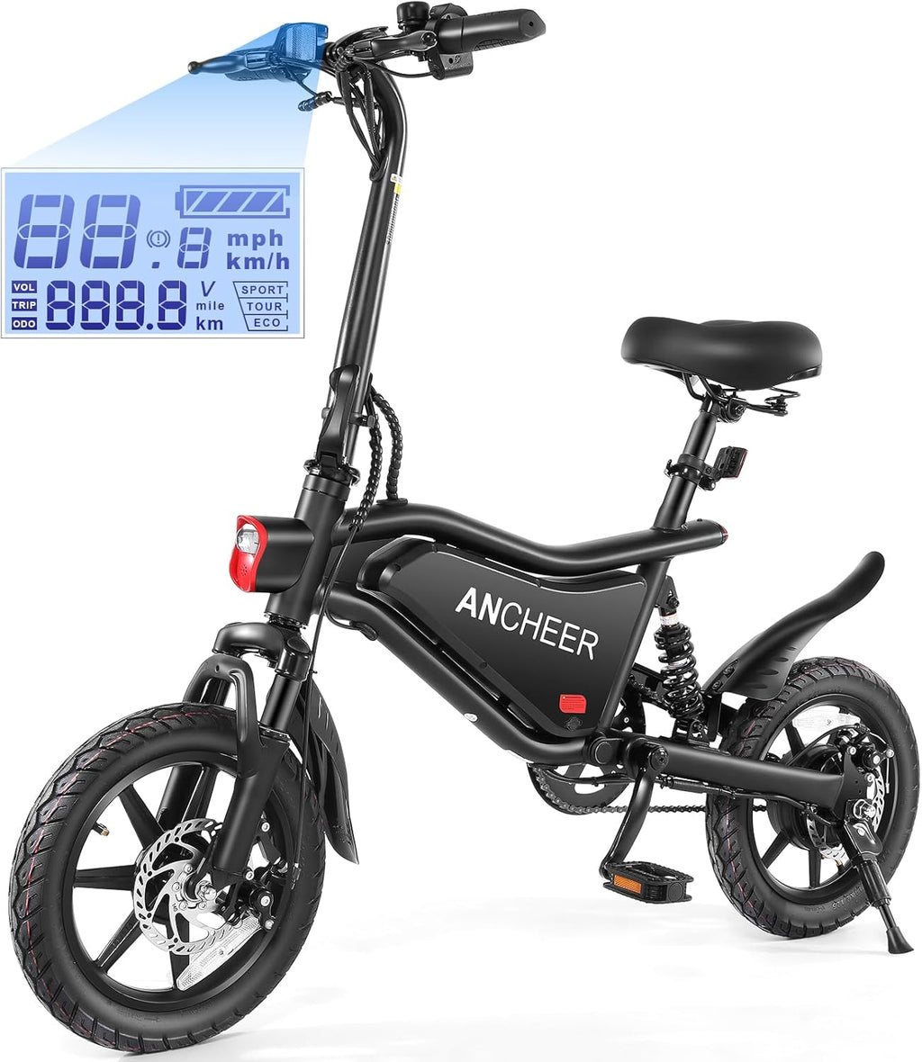 14" Foldable Electric Bike for Adults, Up to 20 MPH, 20–50 Mile Range, Dual Suspension, LCD Display, Compact Commuter E-Bike