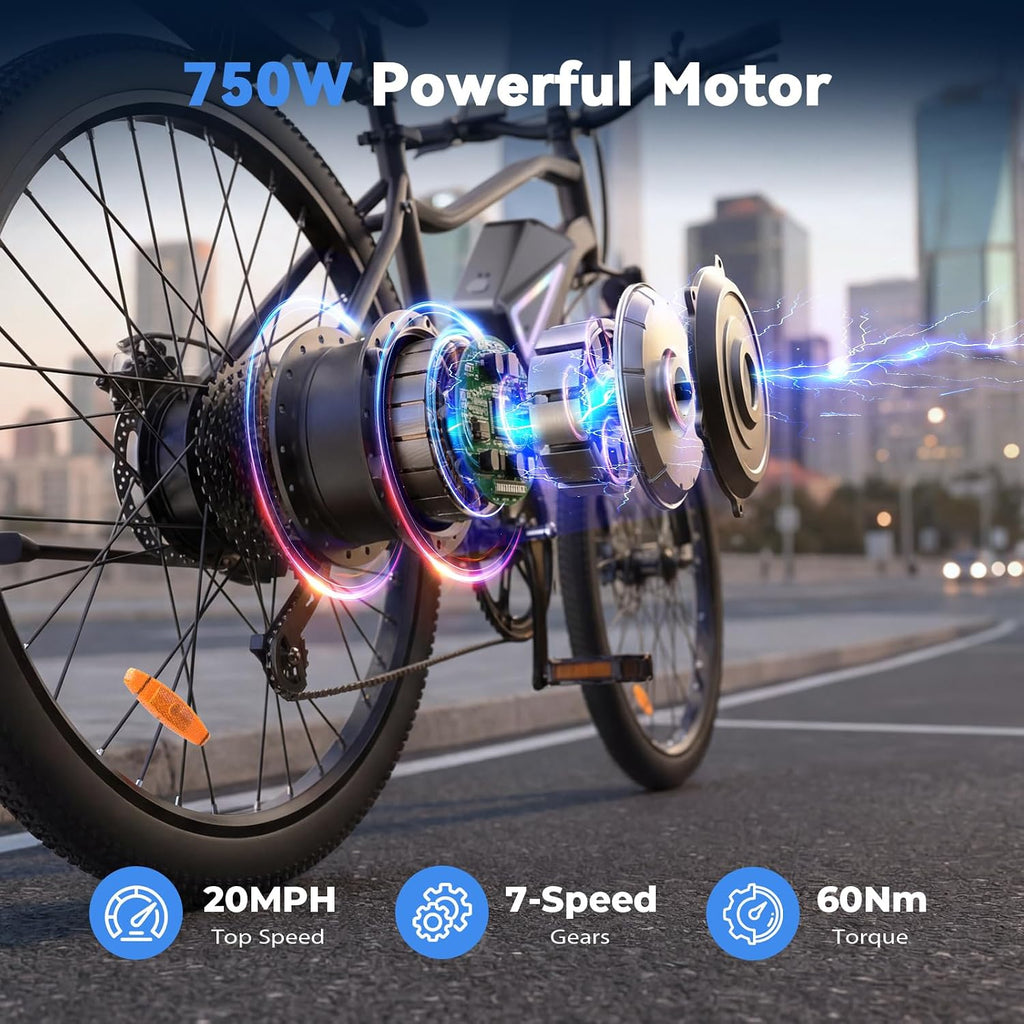 26" Electric Bike for Adults, Peak 1000W Motor, 5-Speed Commuter E-Bike, Up to 20 MPH & 60+ Miles Range with Front Suspension