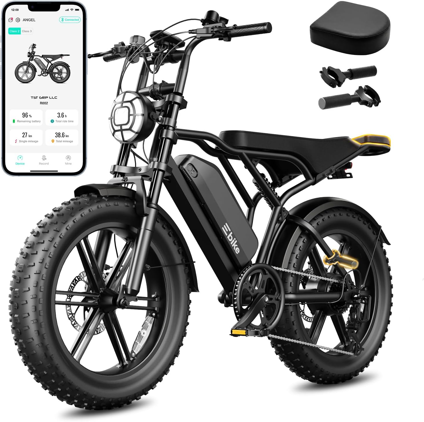 1500W Peak Electric Bike for Adults, 20" Fat Tire E-Bike with Up to 60 Miles Range, Full Suspension, 7-Speed Gear System & Removable Power Pack