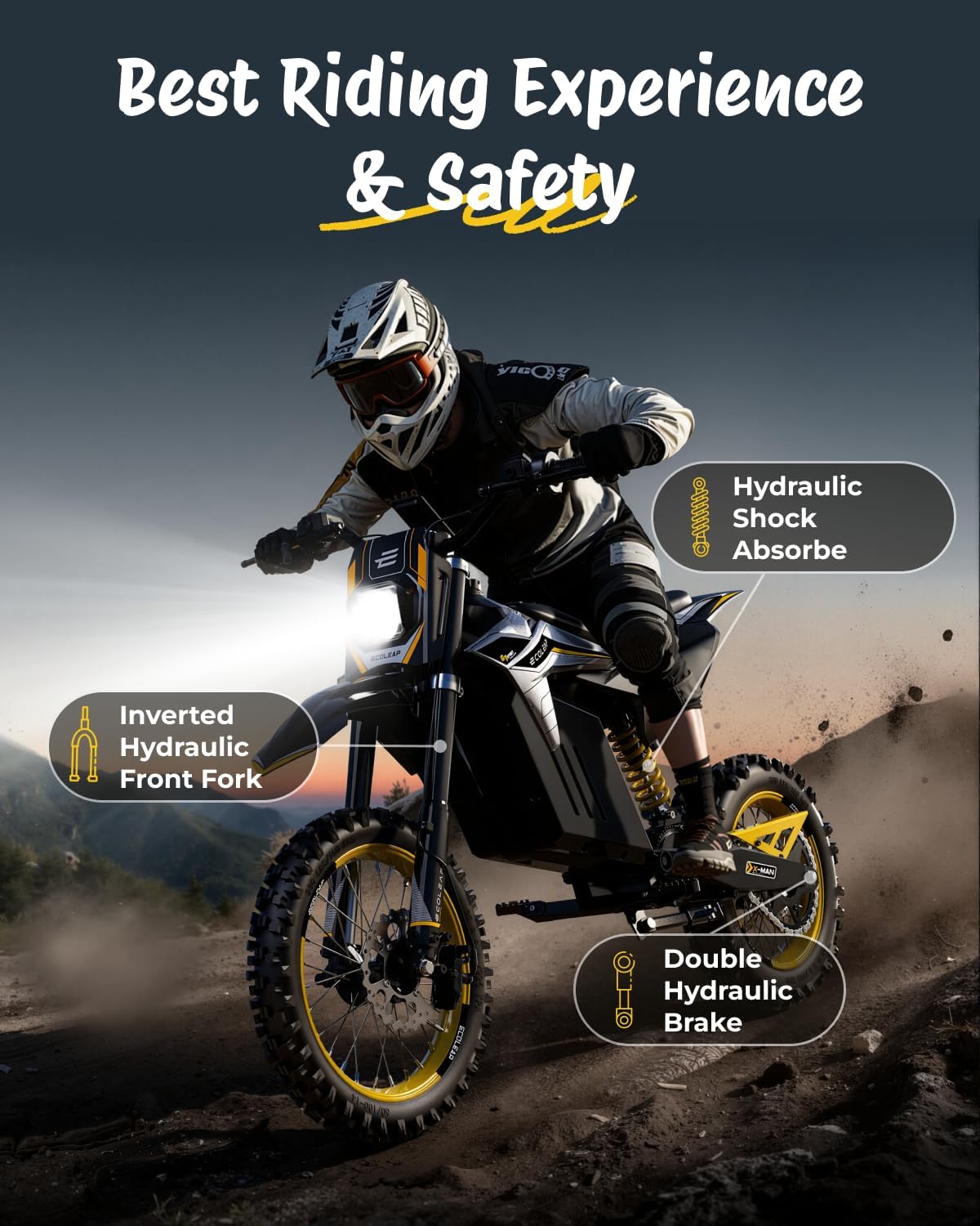 3500W Peak Electric Dirt Bike for Teens & Adults, 37 MPH Off-Road Electric Bike, Up to 55 Mile Range, Dual Suspension, Hydraulic Brakes, 400 lb Load Capacity