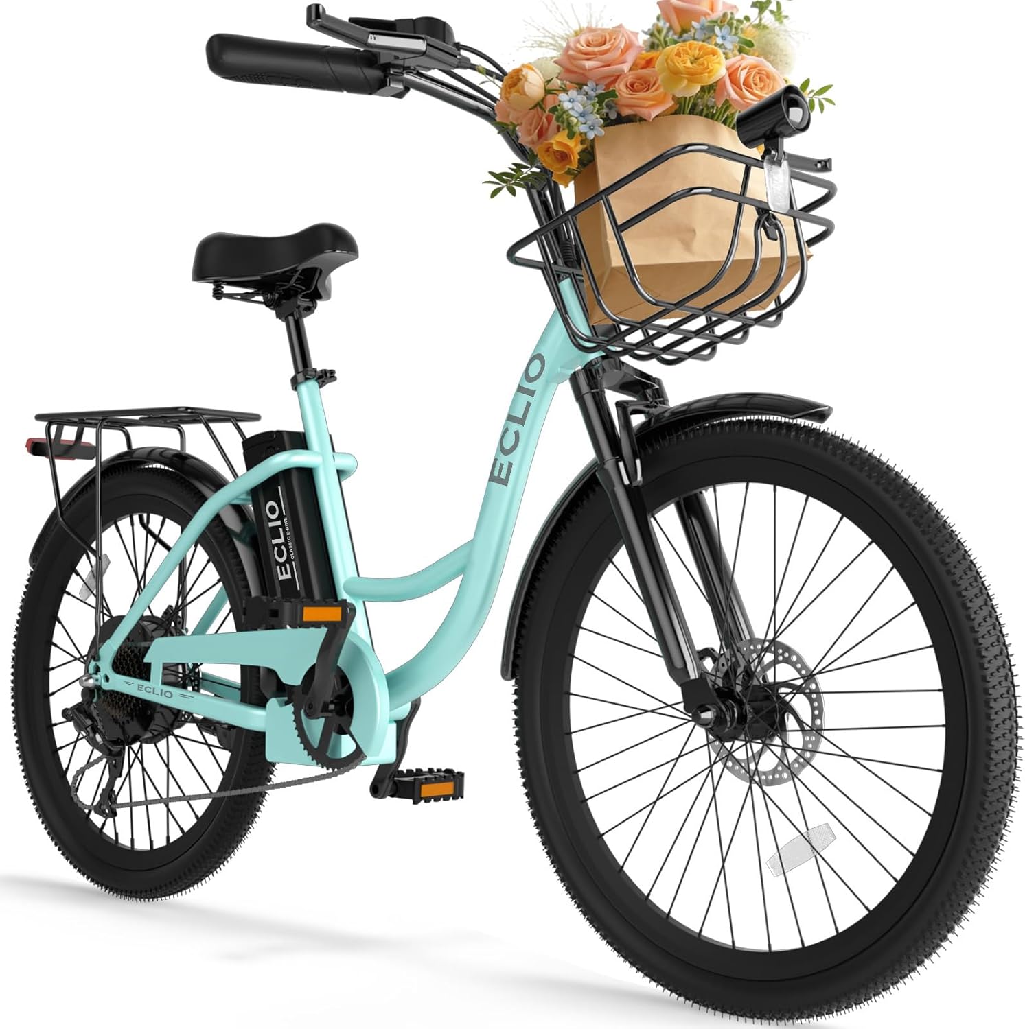 24" Step-Through Electric Bike for Adults, 1000W Peak Motor, Up to 65 Mile Range, 7-Speed City Cruiser Commuter E-Bike with Front Basket