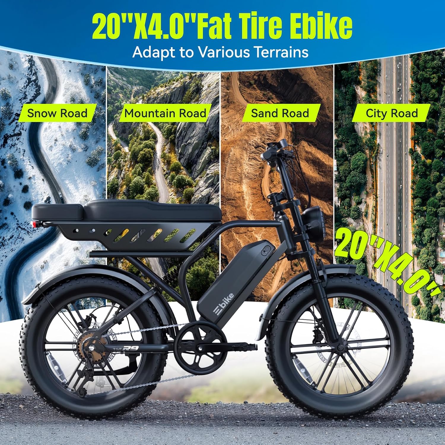 1500W Peak Electric Bike for Adults, 20" Fat Tire All-Terrain E-Bike, Up to 60–130 Miles Range, Electric Dirt Bike Style, UL 2849 Certified
