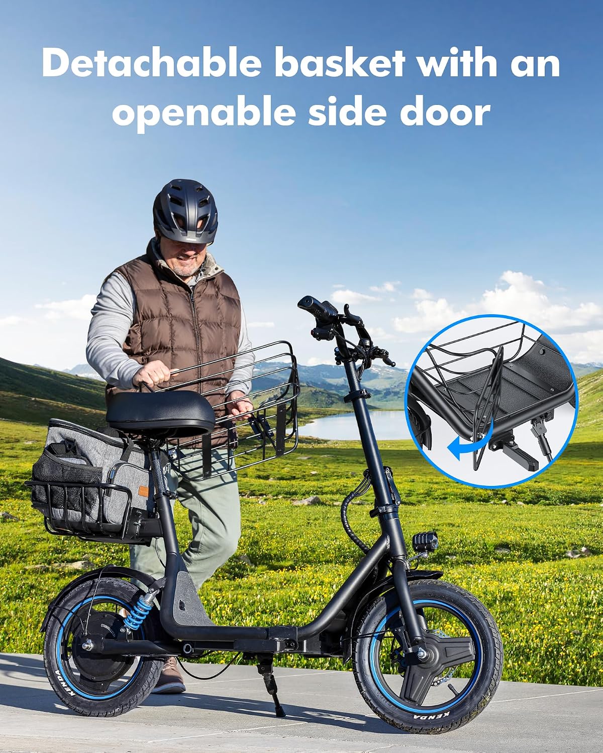 Electric Scooter with Seat for Adults, 650W Motor, Up to 18.6 MPH, 30 Mile Range, Foldable Scooter with Pet Basket & 14" Pneumatic Tires