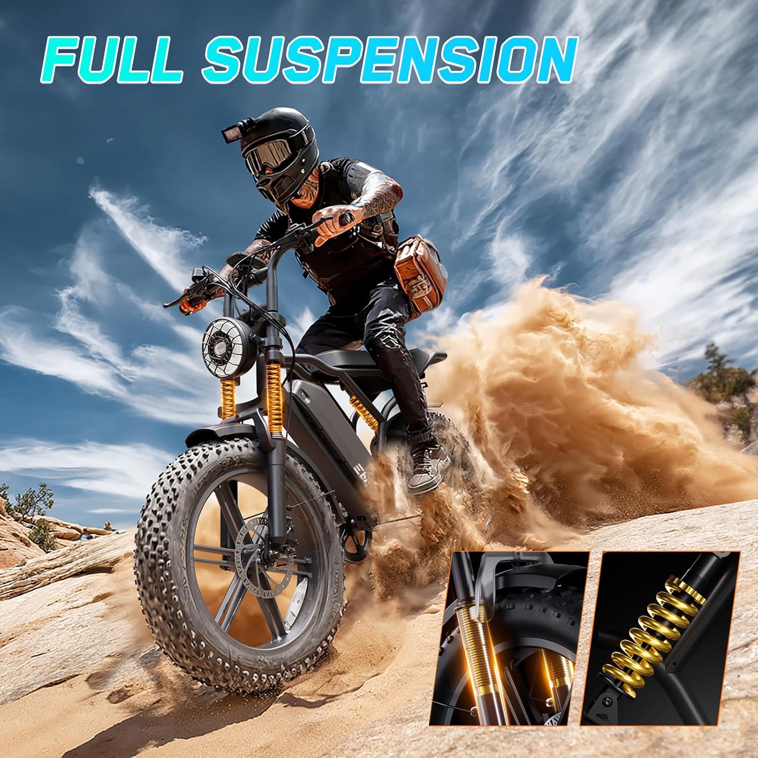 1500W Peak Electric Bike for Adults, 20" Fat Tire E-Bike with Up to 60 Miles Range, Full Suspension, 7-Speed Gear System & Removable Power Pack