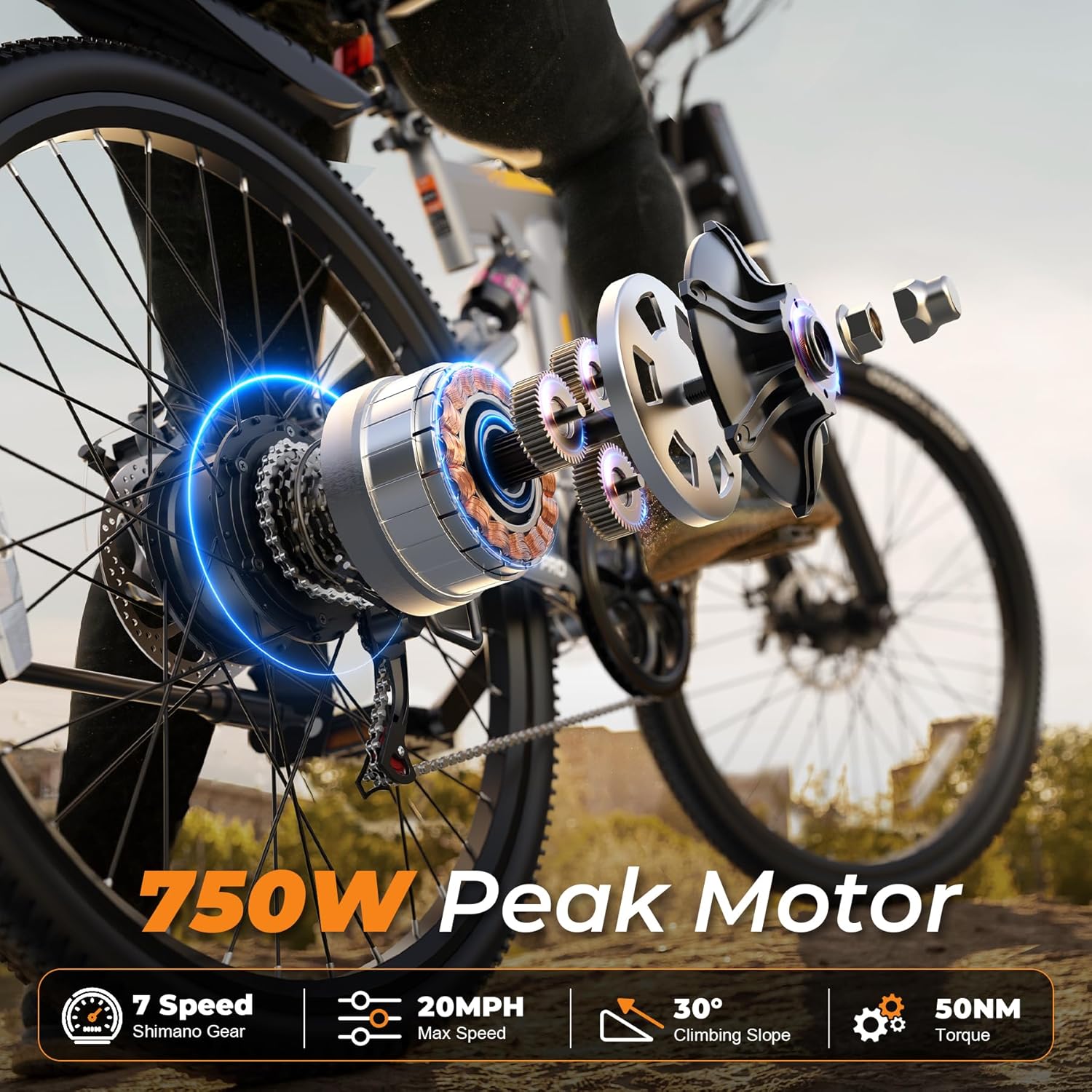 26" Foldable Electric Bike for Adults, Peak 750W Motor, Up to 20 MPH, All-Terrain E-Bike with Full Suspension & Up to 50 Miles Range