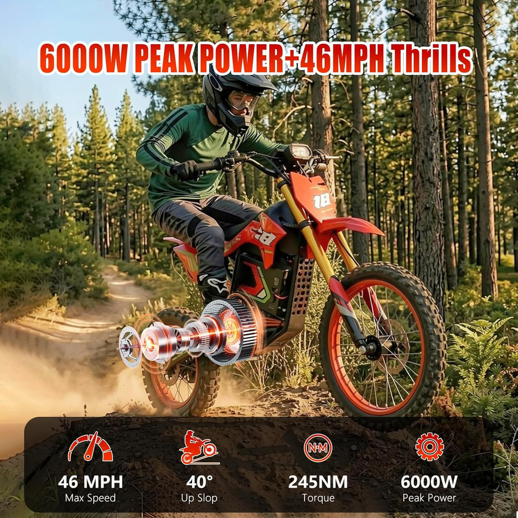 Electric Dirt Bike for Adults, 6000W Peak Mid-Drive Motor, Up to 46 MPH, Up to 60 Mile Range, Full Suspension, Dual Hydraulic Brakes