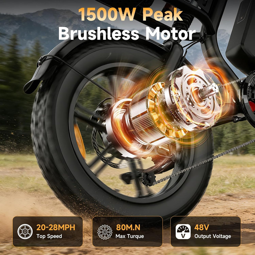 20" × 4.0" Fat Tire Electric Bike for Adults, 1500W Peak Motor, Up to 20+ MPH, Dual Suspension, 7-Speed All-Terrain E-Bike