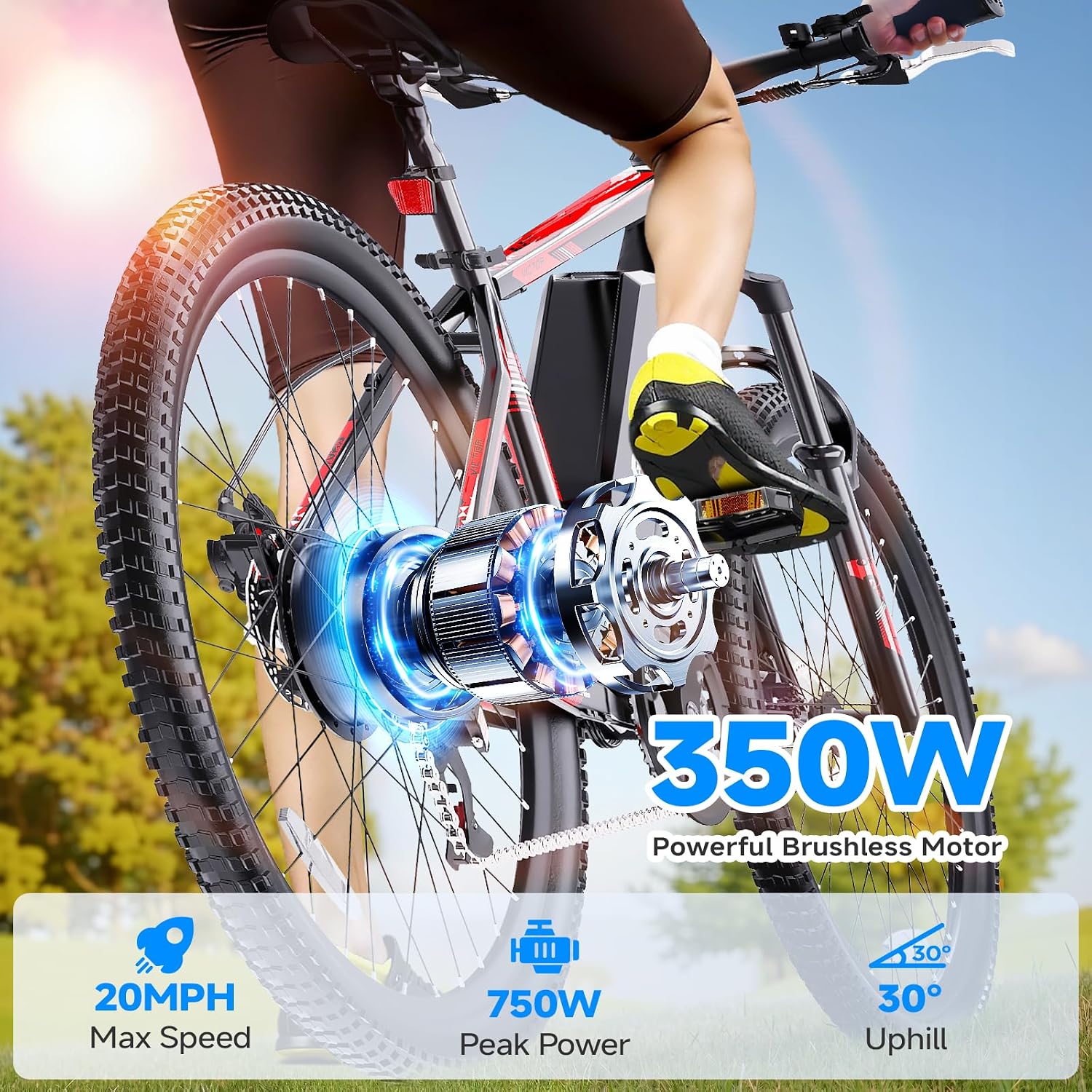 26" Electric Mountain Bike for Adults, 750W Peak Motor, Up to 20 MPH, Up to 40 Mile Range, 21-Speed Commuter E-Bike with Front Suspension