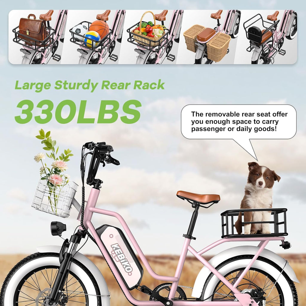 1450W Peak Electric Cargo Bike for Adults, 20" Fat Tire Step-Through E-Bike with Passenger Seat, Up to 80 Miles Range, 7-Speed All-Terrain Commuter Bicycle