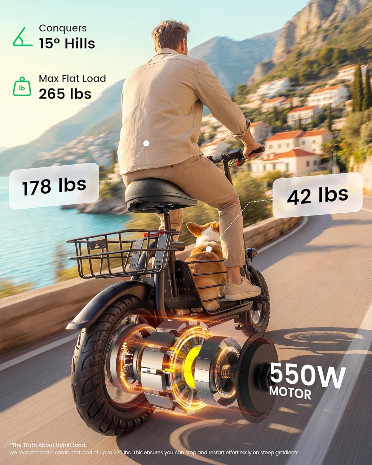 Foldable Electric Scooter with Seat for Adults, 550W Motor, Up to 19 MPH, 20 Mile Range, 12" Pneumatic Tires, Commuter Scooter with Rear Basket