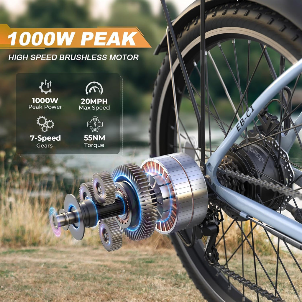 1000W Peak Electric City Cruiser Bike for Adults, 26" Commuter E-Bike, Up to 20 MPH Speed, 50 Miles Range, 7-Speed Gear System, Adjustable Stem & UL 2849 Certified