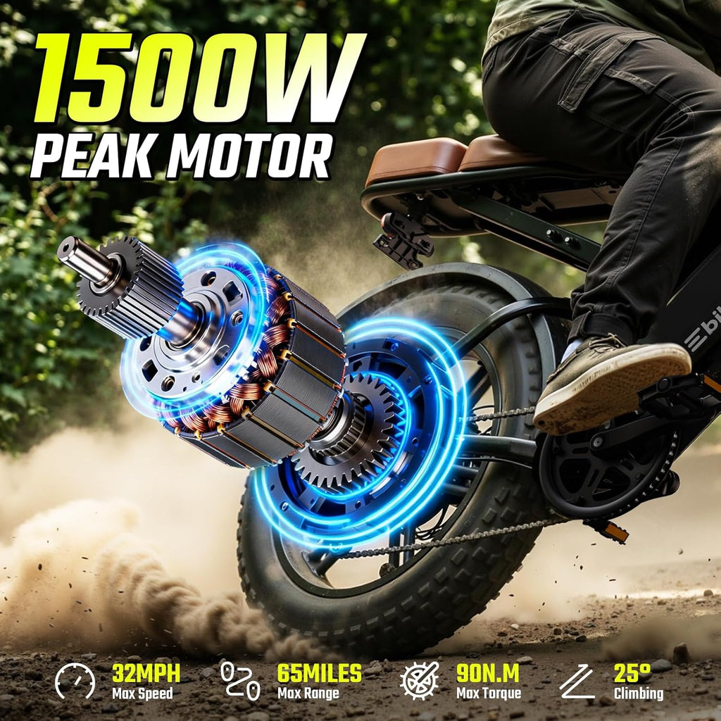 20" × 4.0" Fat Tire Electric Bike for Adults, 1500W Peak Motor, Up to 70–130 Mile Range, 7-Speed All-Terrain Commuter E-Bike