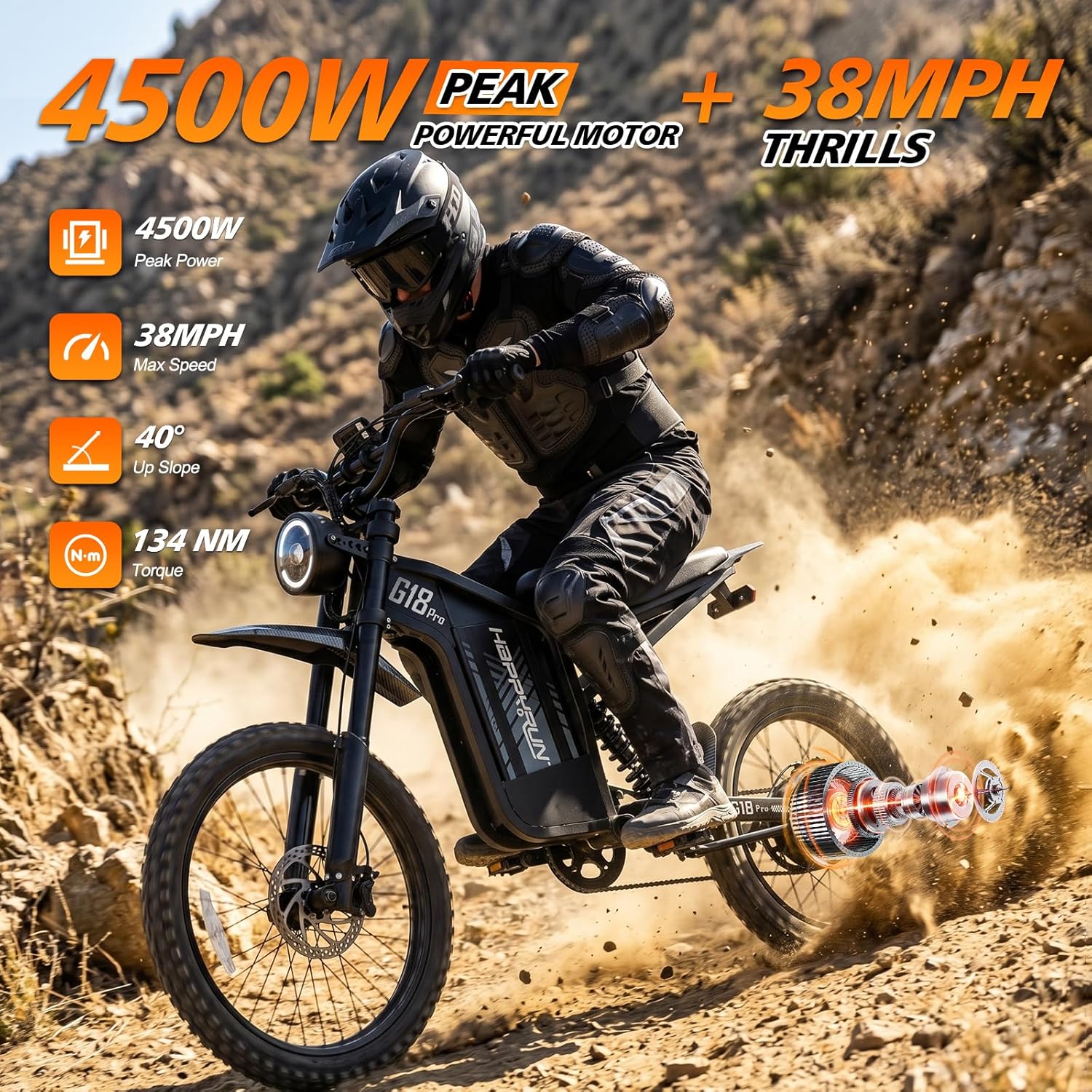 Electric Dirt Bike for Adults, 4500W Peak Motor, Up to 75 Mile Range, Full Suspension, Hydraulic Brakes, 19"/17" Off-Road Tires