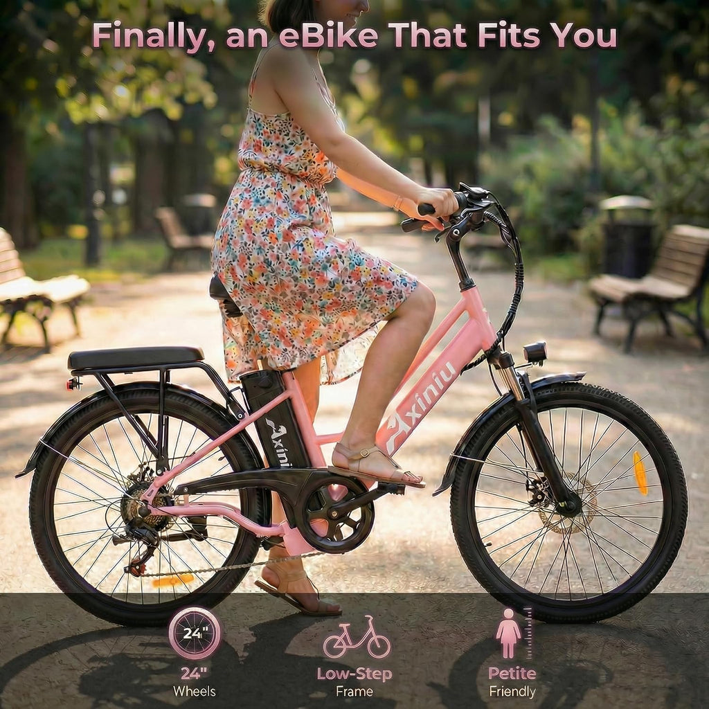 24" Step-Through Electric Bike for Adults, 1000W Peak Motor, Up to 22 MPH, Up to 70 Mile Range, 7-Speed City Cruiser Commuter E-Bike