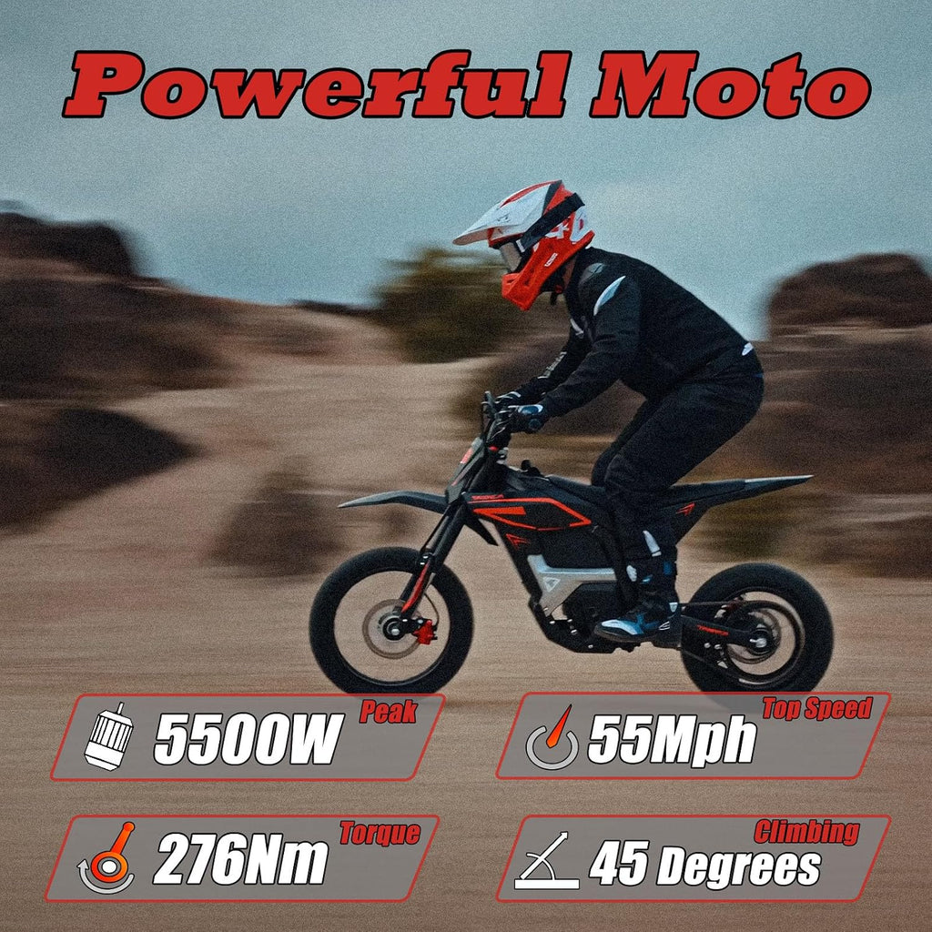 Electric Dirt Bike for Teens, Peak 5500W Motor, Up to 55 MPH, Off-Road Electric Motorcycle with Hydraulic Suspension & Fat Tires
