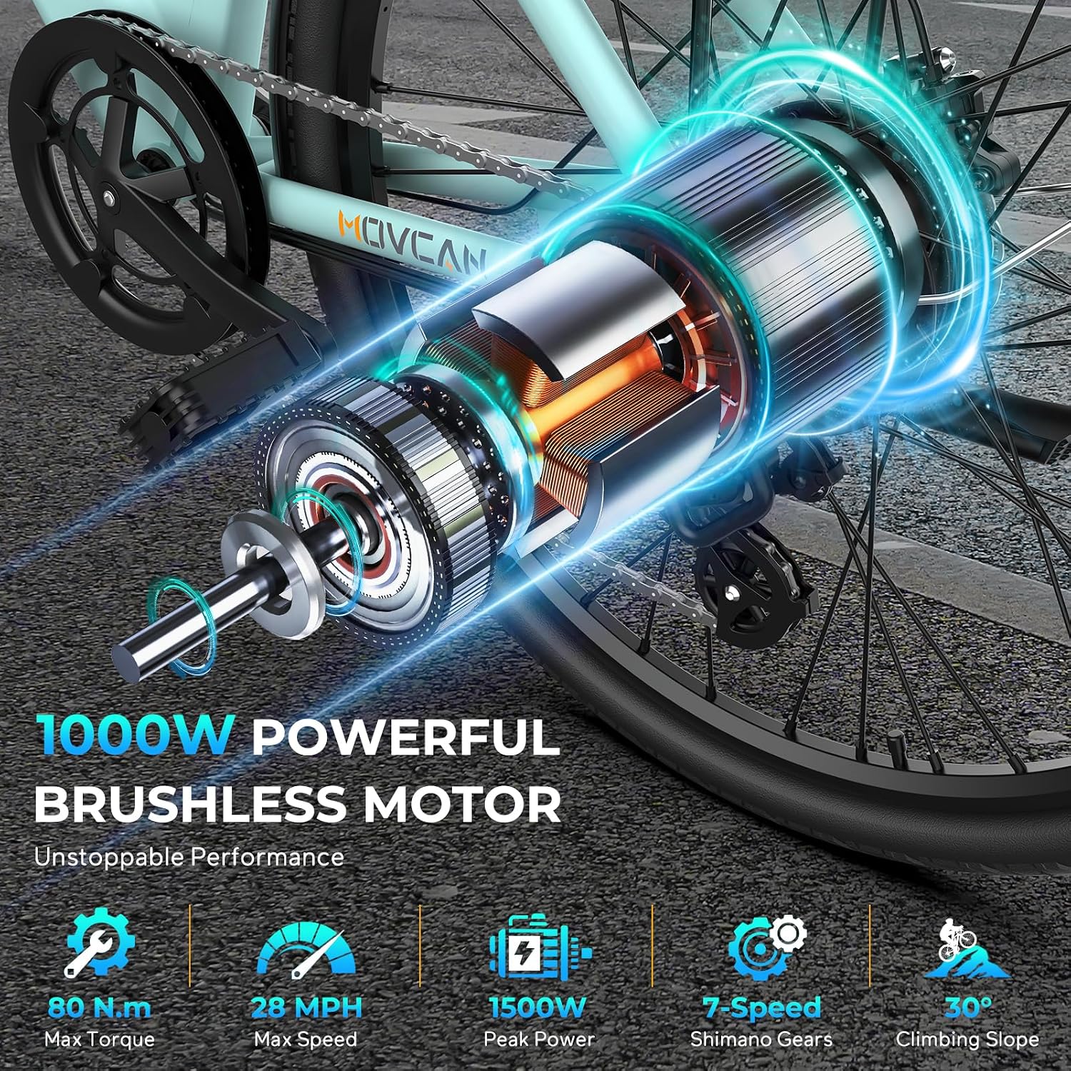 26" Electric City Cruiser Bike for Adults, 1000W Motor, Up to 28 MPH, Up to 70 Mile Range, 7-Speed Electric Mountain Bike for Commuting