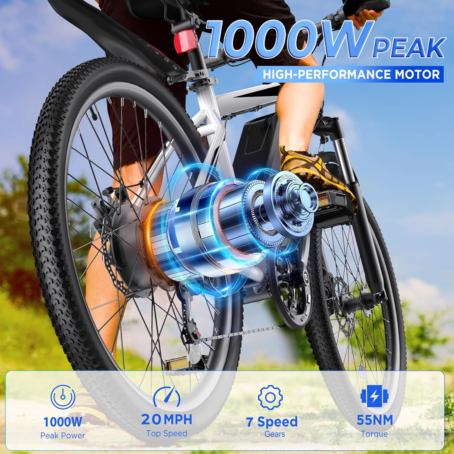 26" Electric Mountain Bike for Adults, 1000W Peak Motor E-Bike, Up to 20 MPH & 50 Miles Range, 7-Speed Gear System, Front Suspension, LCD Display, UL 2849 Certified