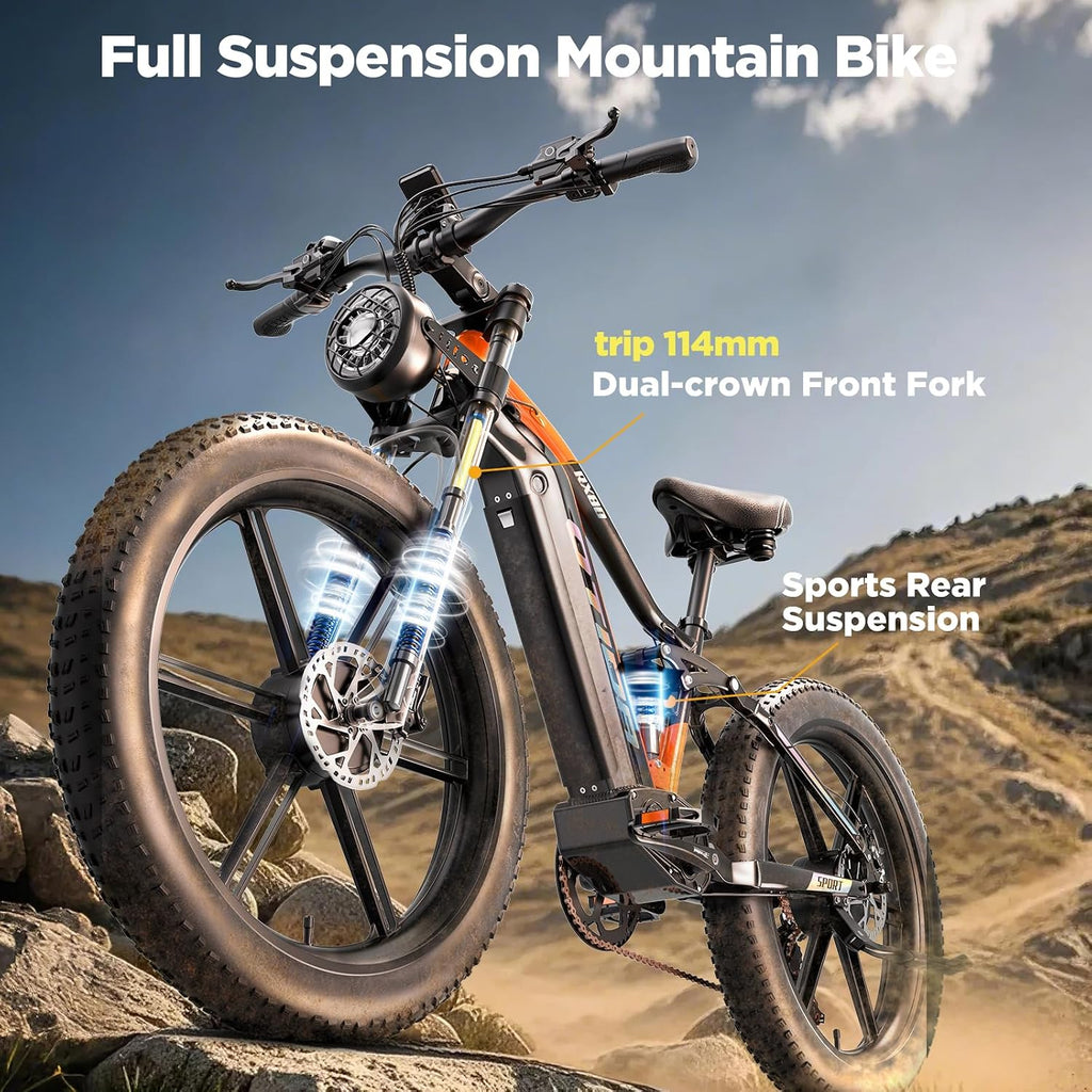 3000W Peak Dual Motor Electric Bike for Adults, 26" Fat Tire Full Suspension E-Bike, Up to 32 MPH Speed, Hydraulic Dual Disc Brakes & Aluminum Frame Mountain Bicycle