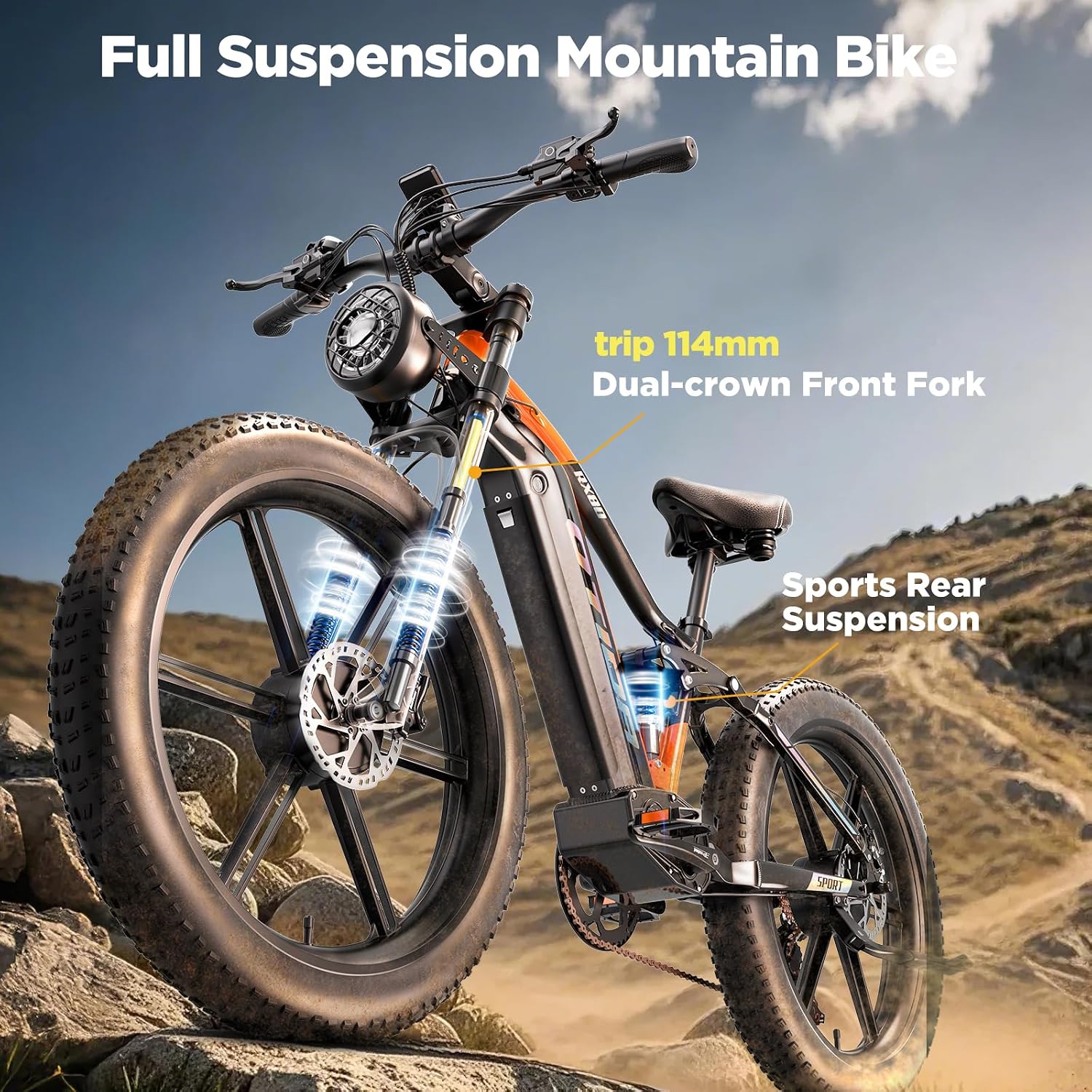 3000W Peak Dual Motor Electric Bike for Adults, 26" Fat Tire Full Suspension E-Bike, Up to 32 MPH Speed, Hydraulic Dual Disc Brakes & Aluminum Frame Mountain Bicycle