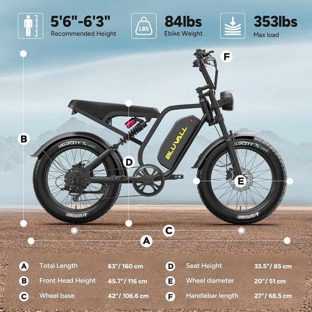 1500W Peak Electric Bike for Adults, 20" Fat Tire E-Bike with Up to 60 Miles Range, Hydraulic Disc Brakes, Full Suspension, 7-Speed Gear System, All-Terrain Off-Road Bicycle