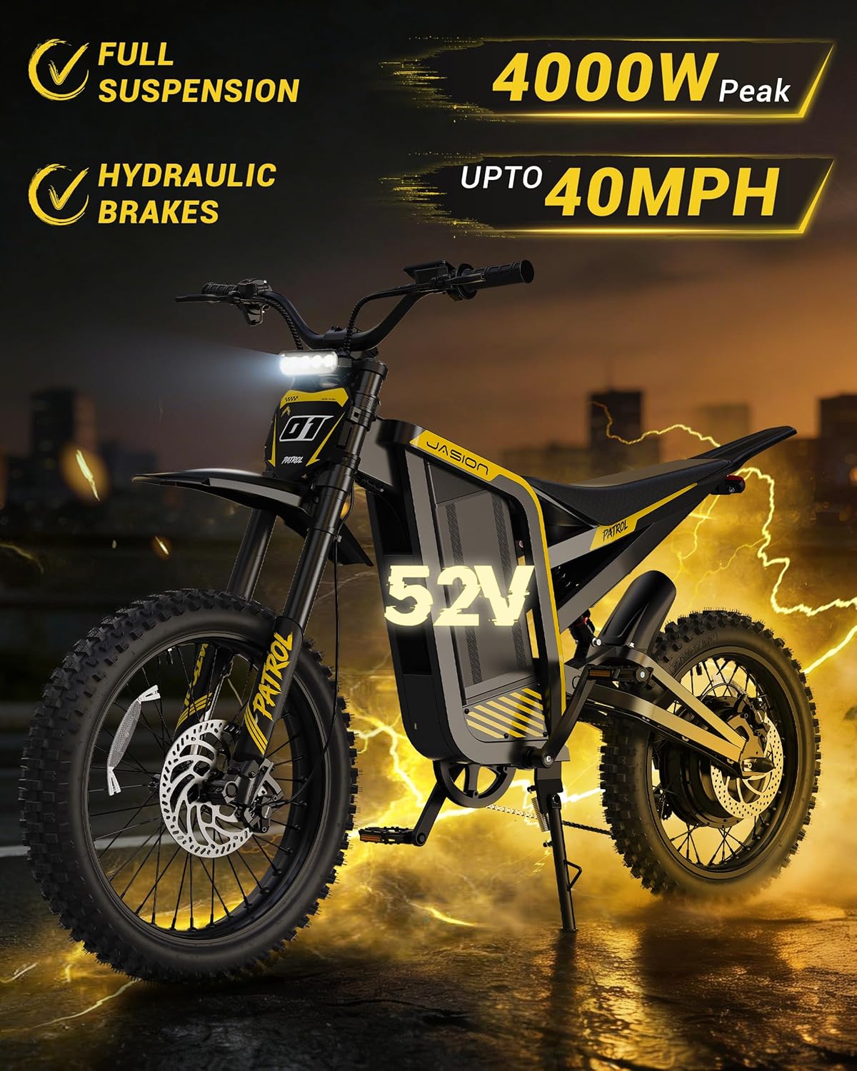 Electric Dirt Bike for Adults & Teens, 4000W Peak Motor, Up to 40 MPH, 50 Mile Range, Dual Suspension, Hydraulic Brakes, Off-Road Electric Bike