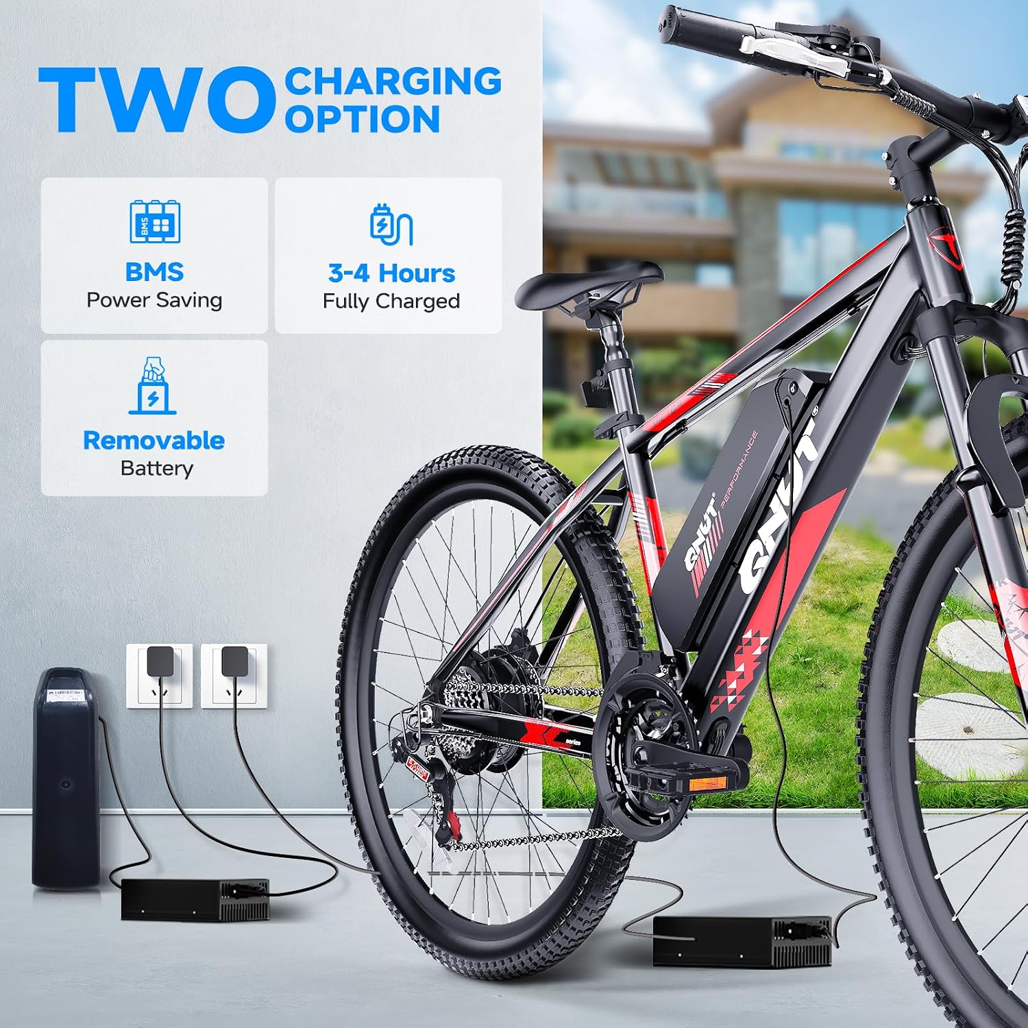 26" Electric Mountain Bike for Adults, 750W Peak Motor, Up to 20 MPH, Up to 40 Mile Range, 21-Speed Commuter E-Bike with Front Suspension