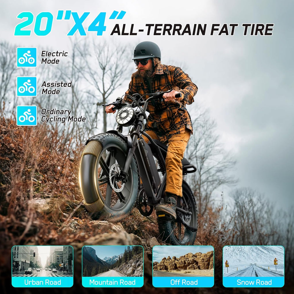 1500W Peak Electric Bike for Adults, 20" Fat Tire All-Terrain E-Bike, Up to 60–110 Miles Range, Electric Dirt Bike Style, UL 2849 Certified