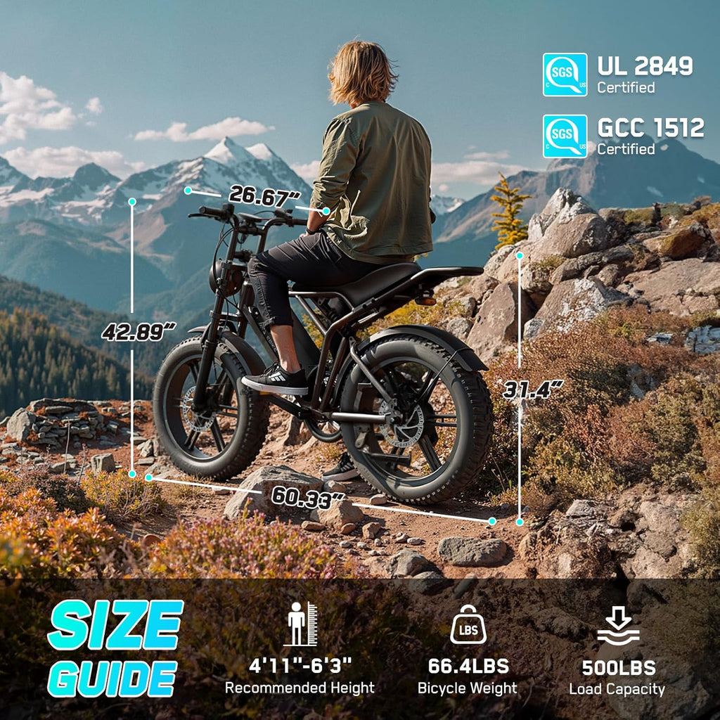 1500W Peak Electric Bike for Adults, 20" Fat Tire All-Terrain E-Bike, Up to 60–110 Miles Range, Electric Dirt Bike Style, UL 2849 Certified