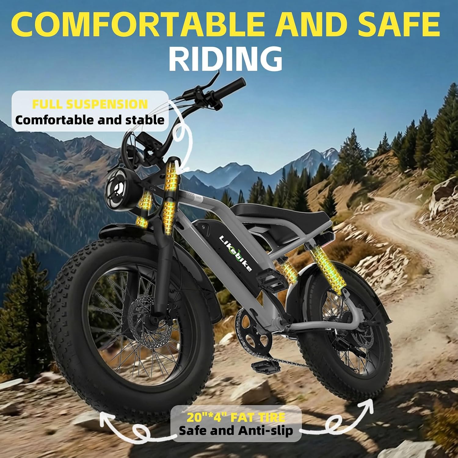 20" Fat Tire Electric Bike for Adults, 1500W–3000W Peak Motor, Up to 28–40 MPH, Up to 100 Mile Range, 7-Speed Full Suspension All-Terrain E-Bike