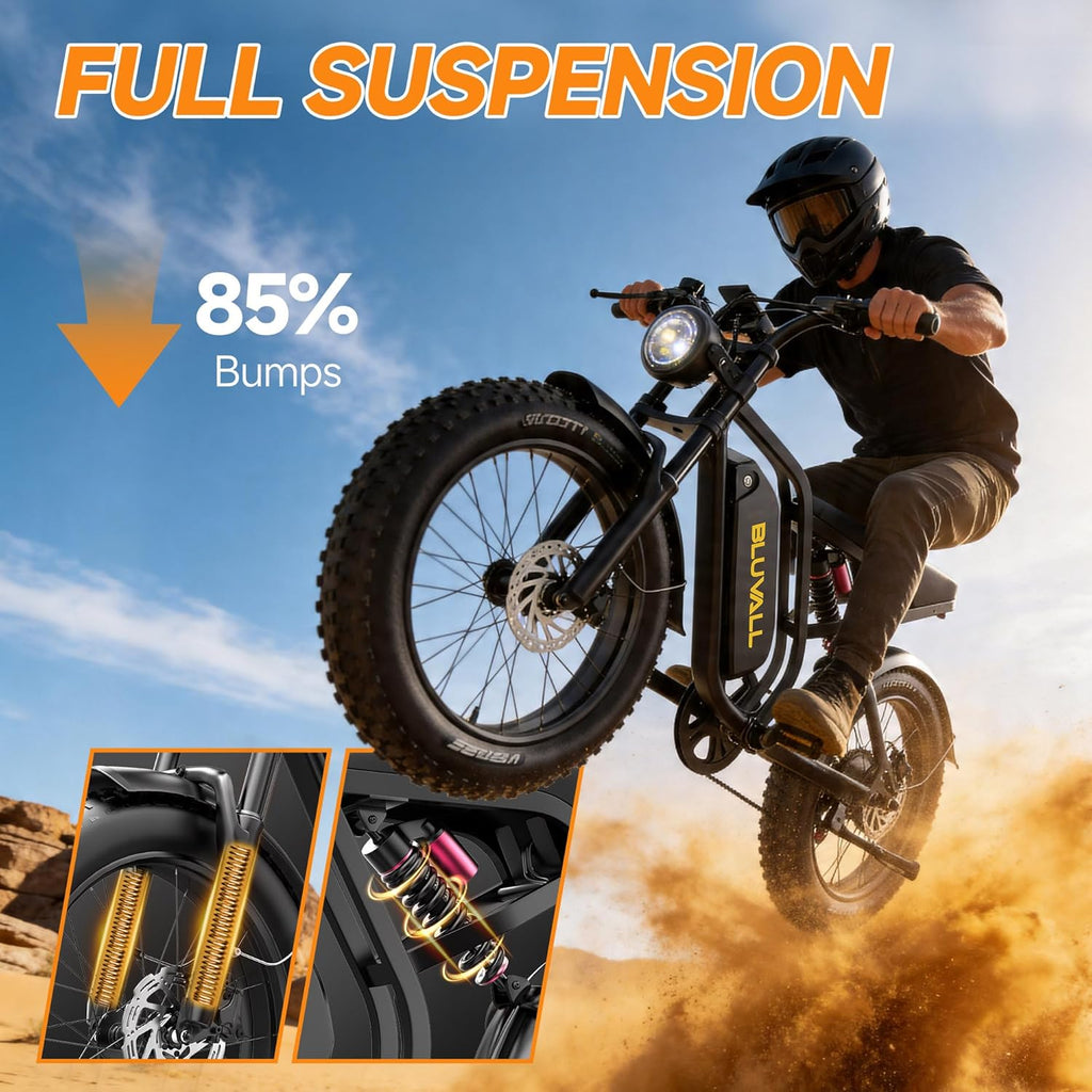 20" Fat Tire Electric Bike for Adults, 1000W Peak Motor, Up to 35 MPH, 40–60 Mile Range, Full Suspension, Hydraulic Brakes, 7-Speed All-Terrain E-Bike