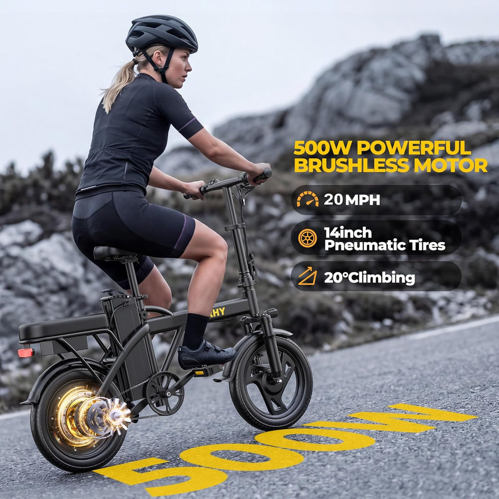 14" Foldable Electric Bike for Adults & Teens, Peak 500W Motor, Mini Commuter E-Bike with Up to 30 Miles Pedal-Assist Range