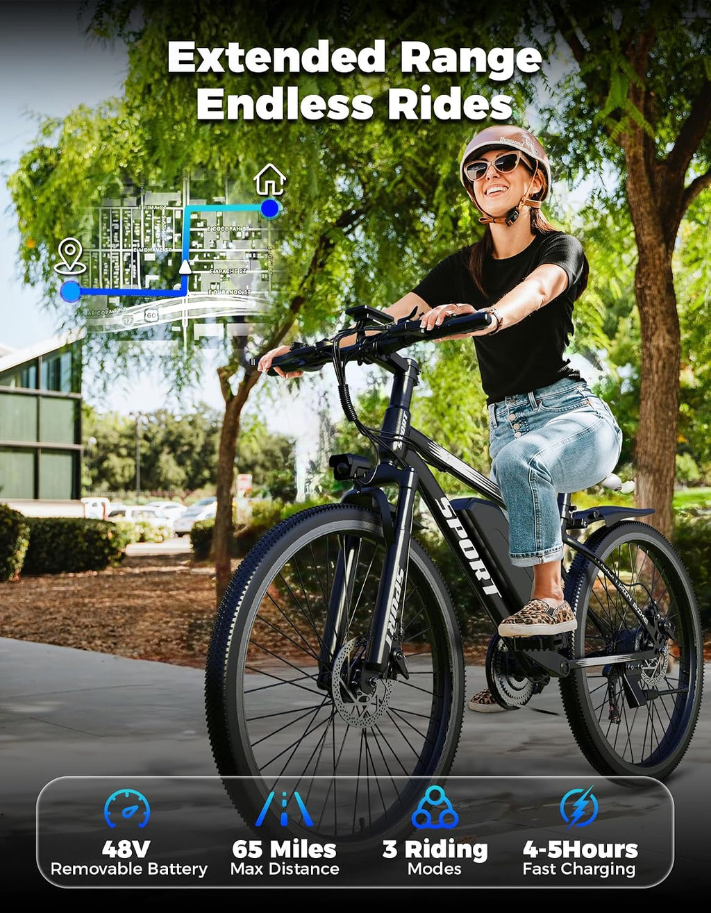 26" Electric Mountain Bike for Adults, 1500W Peak Motor, Up to 25 MPH, Up to 65 Mile Range, Commuter E-Bike with Removable Power Pack