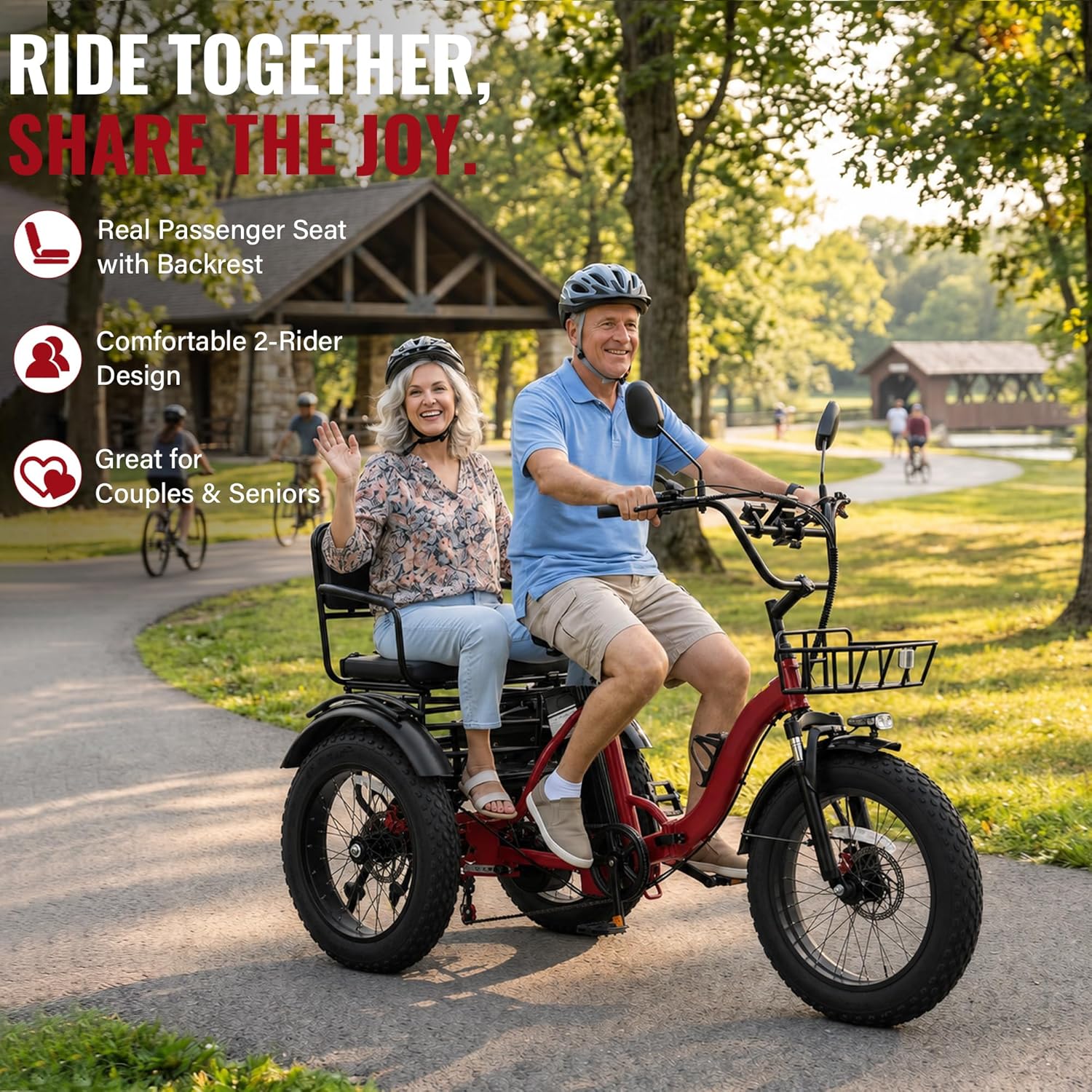 Two-Seater Folding Electric Tricycle for Adults with 1350W Peak Motor, Passenger Seat, 20" x 4.0" Fat Tires & Rear Differential
