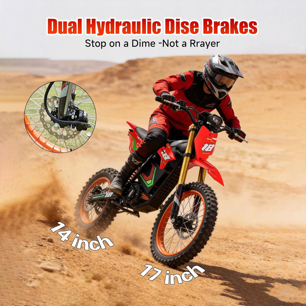 Electric Dirt Bike for Adults, 6000W Peak Mid-Drive Motor, Up to 46 MPH, Up to 60 Mile Range, Full Suspension, Dual Hydraulic Brakes
