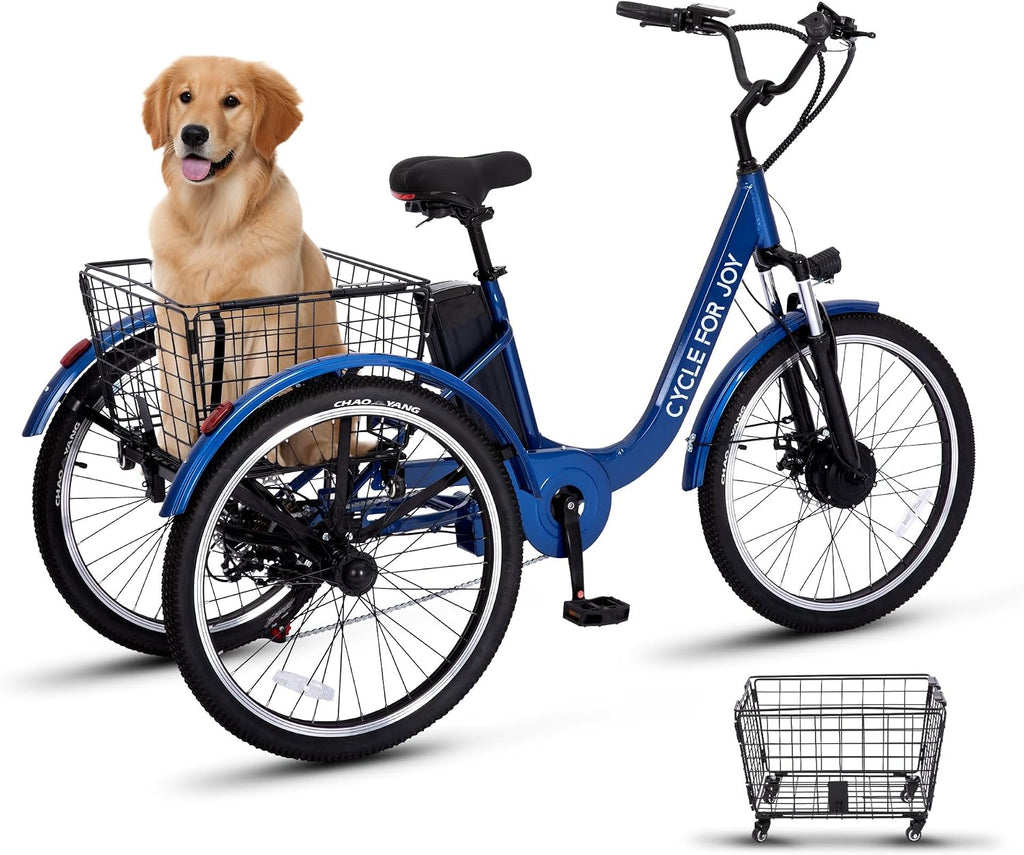 24" Electric Tricycle for Adults, 7-Speed Commuter Trike, Hydraulic Disc Brakes, Multi-Suspension, Removable Rechargeable Power Pack