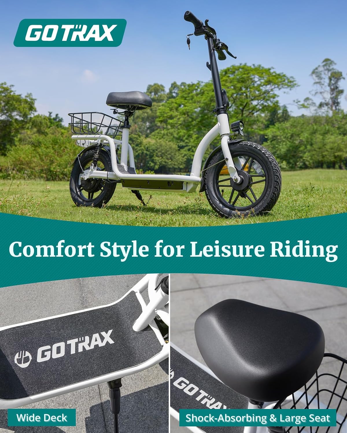 Electric Scooter with Seat for Adults, 350W–500W Motor, Up to 20 MPH, 19–25 Mile Range, All-Terrain Tires, Wide Deck & Rear Storage Basket