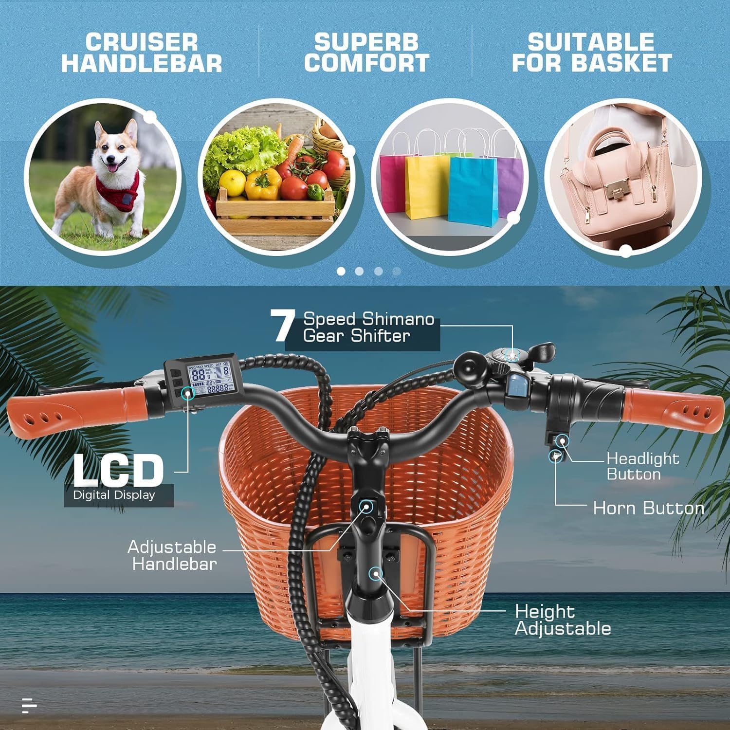 26" Step-Through Electric City Bike for Adults, Peak 749W Motor, Commuter E-Bike with Basket & Up to 50 Miles Range