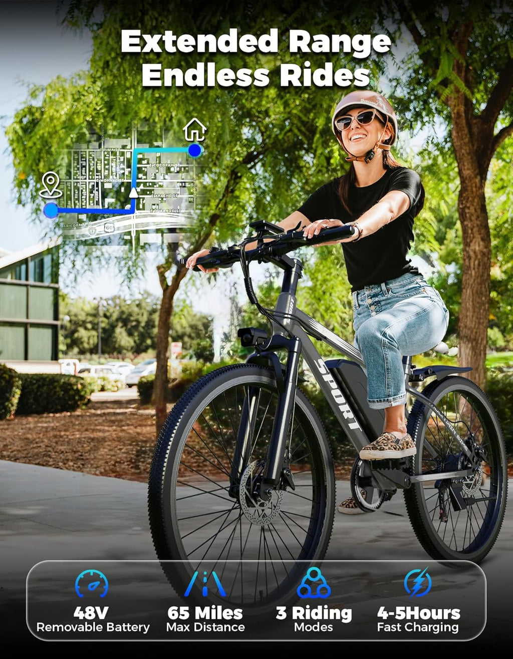 1500W Peak Electric Mountain Bike for Adults, 26" E-Bike with Up to 25 MPH Speed, 65 Miles Range, 7-Speed Gear System & Removable Power Pack
