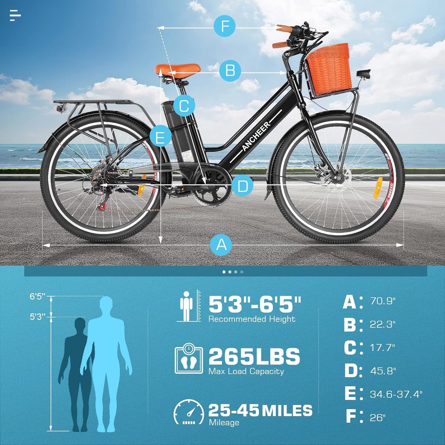 26" Step-Through Electric City Bike for Adults, Peak 749W Motor, Commuter E-Bike with Basket & Up to 50 Miles Range