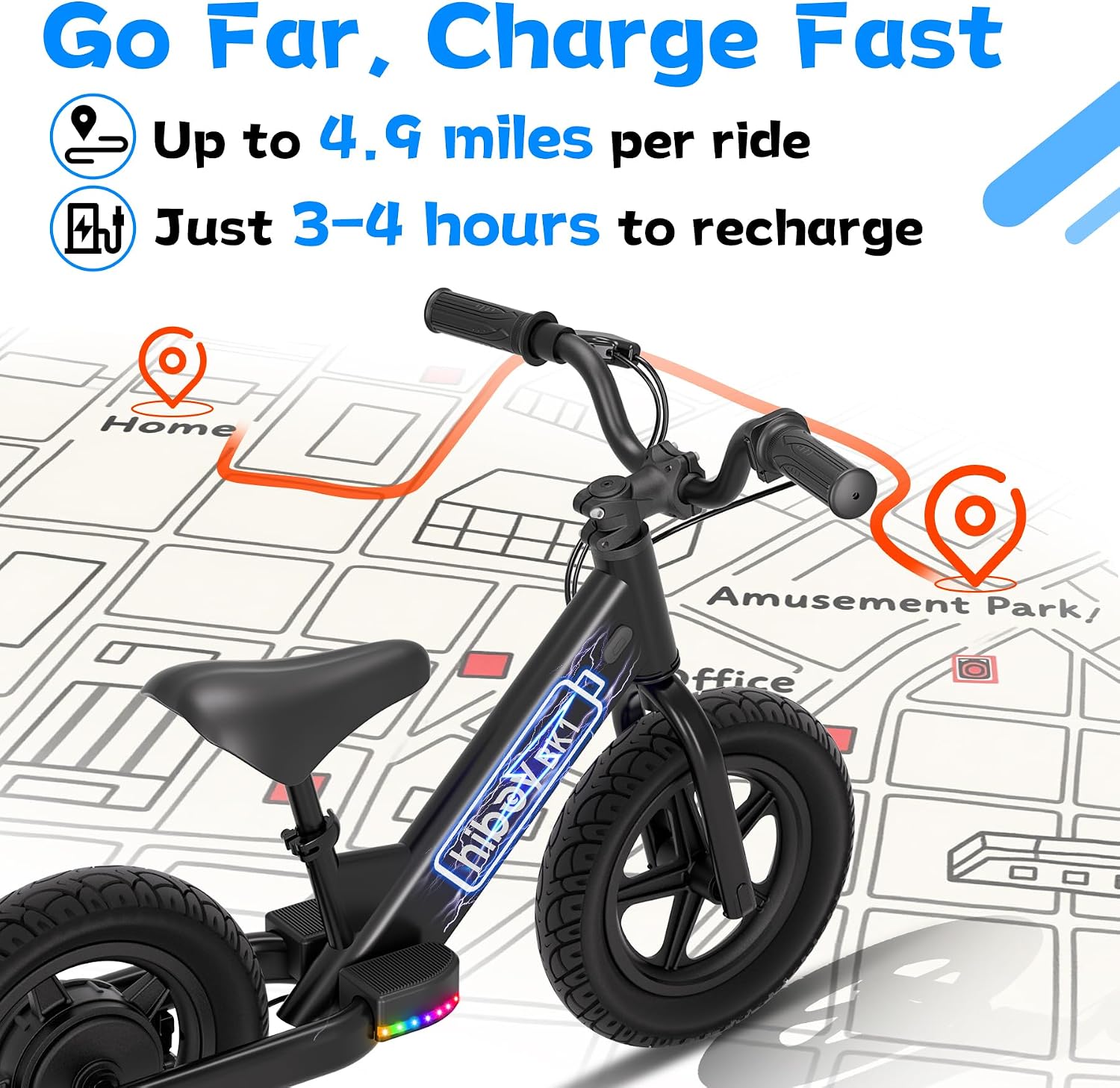 Kids Electric Balance Bike with 12" Tires, Up to 9 MPH, Adjustable Seat, Up to 4.9 Mile Range, Ride-On Bike for Ages 3–5