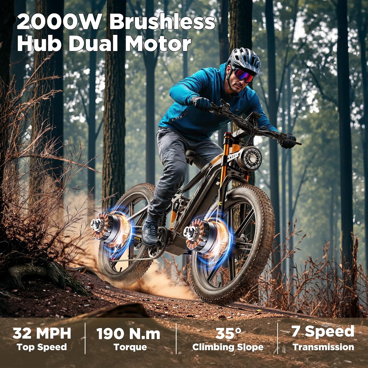 3000W Peak Dual Motor Electric Bike for Adults, 26" Fat Tire Full Suspension E-Bike, Up to 32 MPH Speed, Hydraulic Dual Disc Brakes & Aluminum Frame Mountain Bicycle