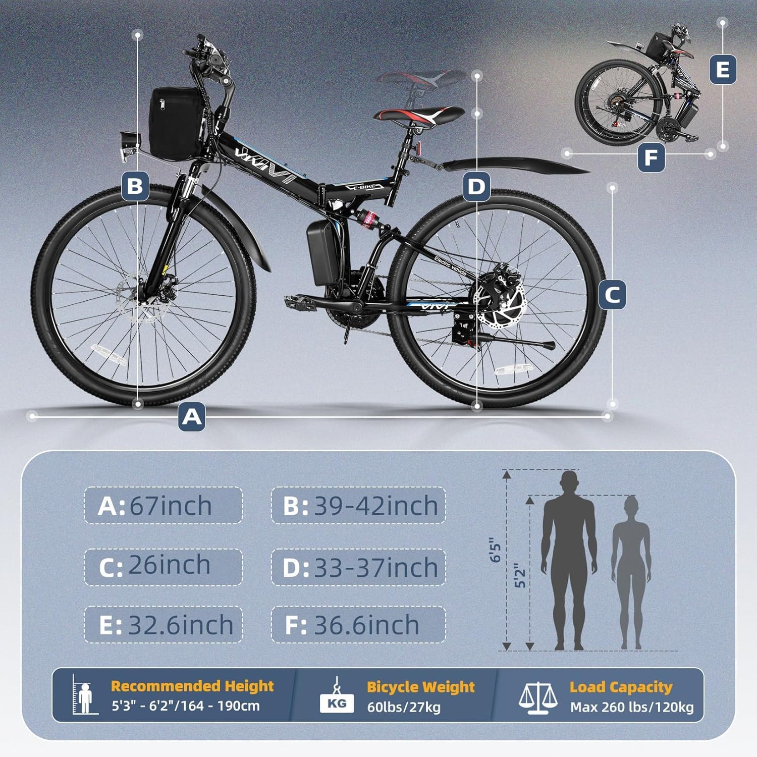 26" Folding Electric Mountain Bike for Adults, 500W Motor, Up to 50 Mile Range, 21-Speed Commuter E-Bike