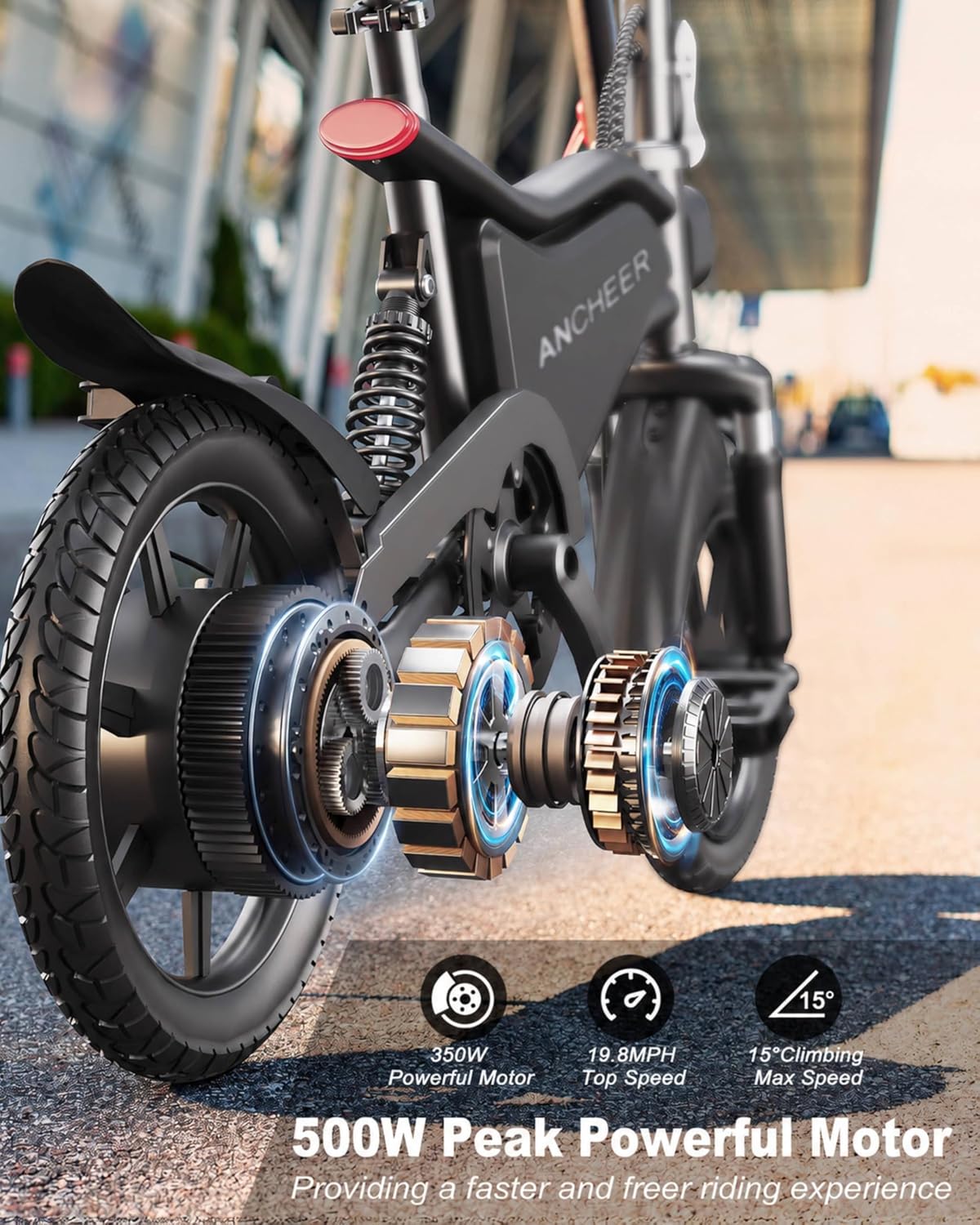 14" Foldable Electric Bike for Adults & Teens, 500W Peak Motor, Up to 19.8 MPH, Triple Shock Absorption, Compact Commuter E-Bike with Cruise Control