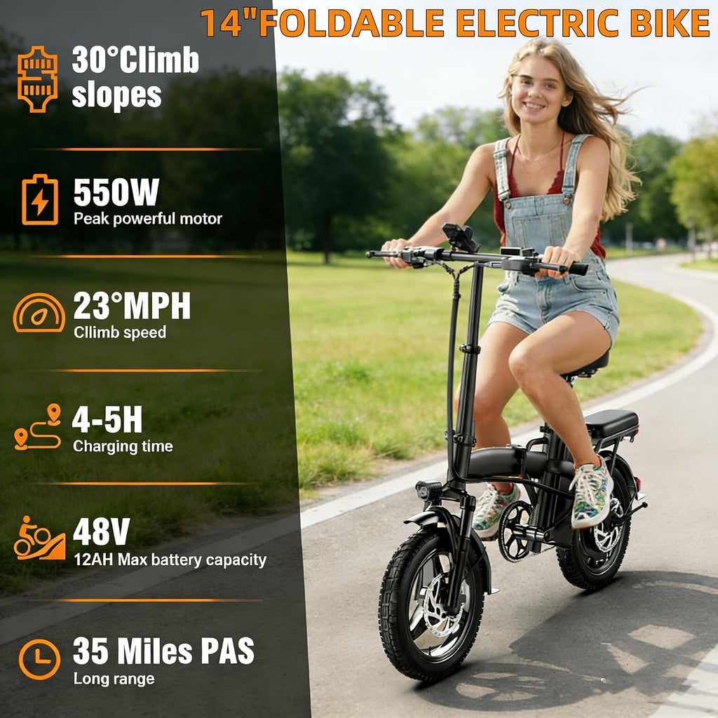14" Foldable Electric Bike for Adults & Teens, Peak 550W Motor, Up to 25 MPH, Mini Commuter E-Bike with Up to 35 Miles Pedal-Assist Range