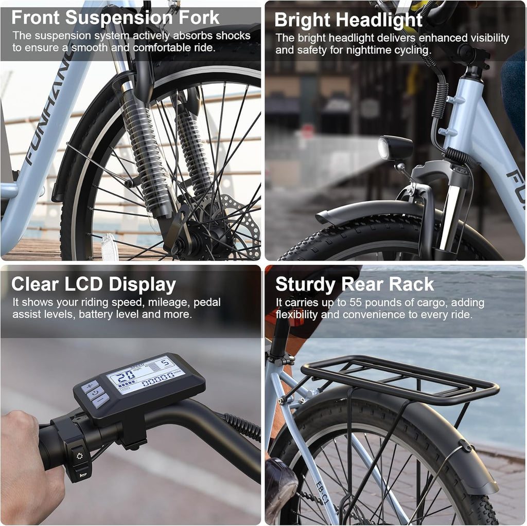 1000W Peak Electric City Cruiser Bike for Adults, 26" E-Bike with Up to 20 MPH Speed, 50 Miles Range, 7-Speed Gear System, Adjustable Stem & UL 2849 Certified