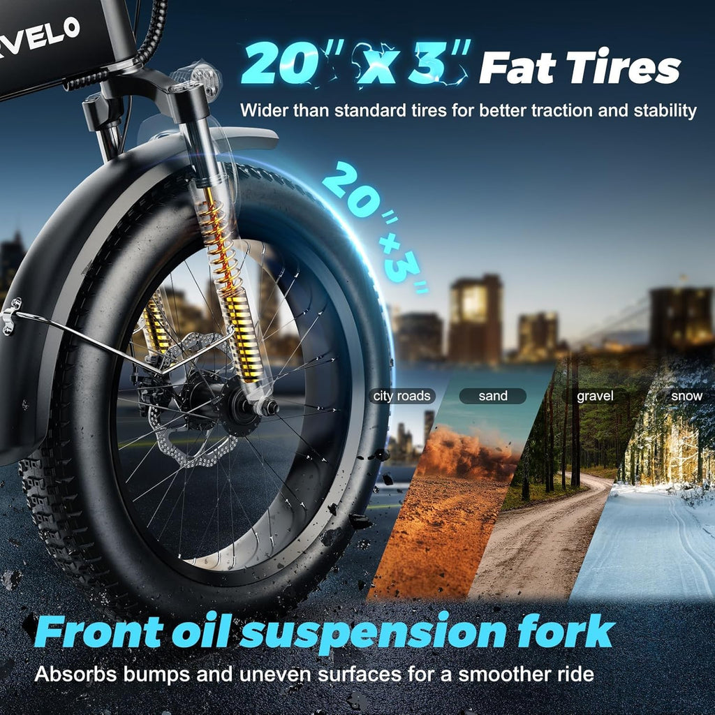 20" Foldable Fat Tire Electric Bike for Adults, Peak 1000W Motor, 7-Speed Commuter E-Bike with Up to 60 Miles Range